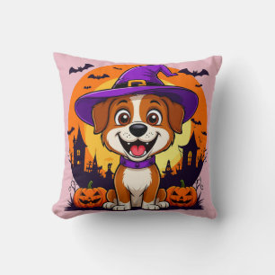 Cojín Decorativo Perro Alegre Disfrazado de Bruja en Halloween