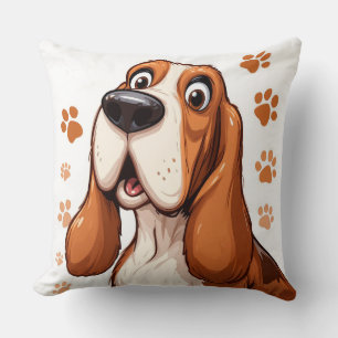 Cojín Decorativo Perro Basset Alegre con Huellas de Pata Naranjas