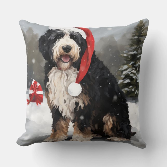 Cojín Decorativo Perro Bernedoodle en Navidades de Nieve (Anverso)