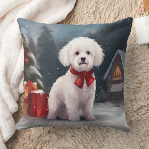 Cojín Decorativo Perro Bichón Frisé en Navidad con nieve