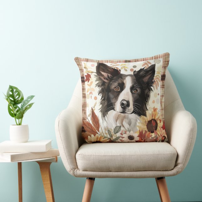 Cojín Decorativo Perro Border Collie Flores Acuarela Otoño (Silla)