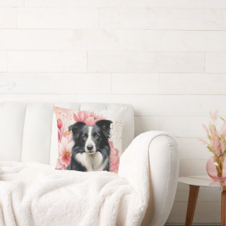 Cojín Decorativo Perro Border Collie y Lirios Rosas Atrevidos