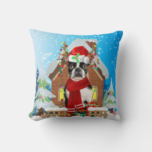 Cojín Decorativo Perro Boston Terrier con regalos de Navidades