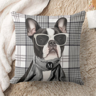 Cojín Decorativo Perro Boston Terrier Elegante y Monograma de Cuadr