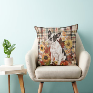 Cojín Decorativo Perro Boston Terrier Otoño Flores Acuarela