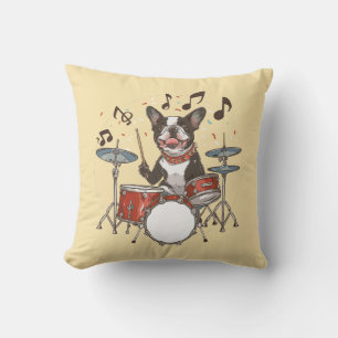 Cojín Decorativo Perro Boston Terrier tocando la batería