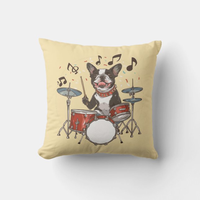 Cojín Decorativo Perro Boston Terrier tocando la batería (Anverso)