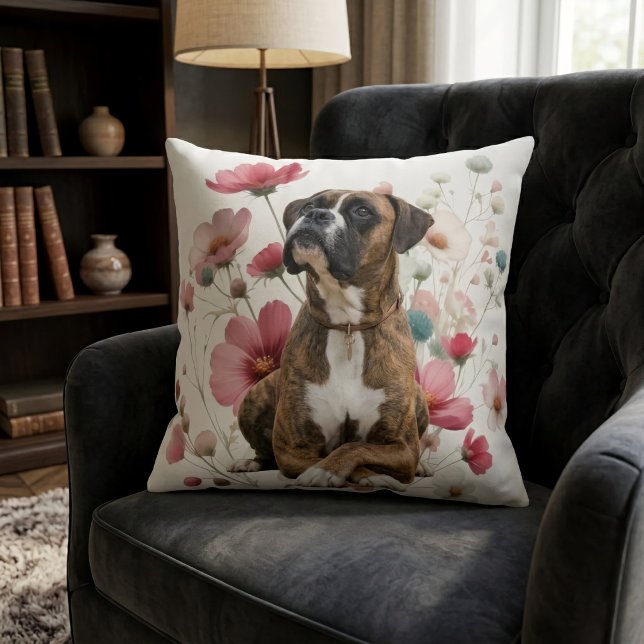 Cojín Decorativo Perro Boxer Atigrado y Flores Silvestres (Subido por el creador)