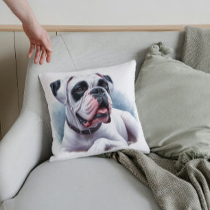 Cojín Decorativo Perro Boxer Blanco Elegante – Estilo Acuarela