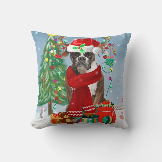 Cojín Decorativo Perro Boxer en Nieve con regalos de Navidades (Anverso)