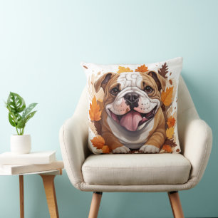 COJÍN DECORATIVO PERRO BULLDOG ADORABLE CON HOJAS DE OTOÑO