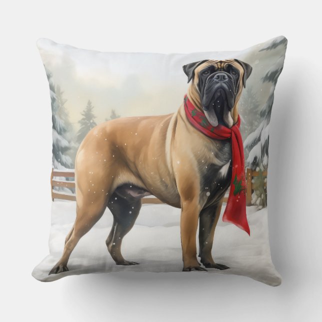 Cojín Decorativo Perro bullmastiff en Navidades de nieve (Anverso)