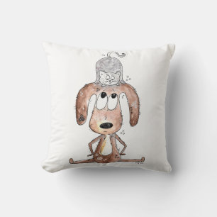 Cojín Decorativo Perro caprichoso con gato en la cabeza