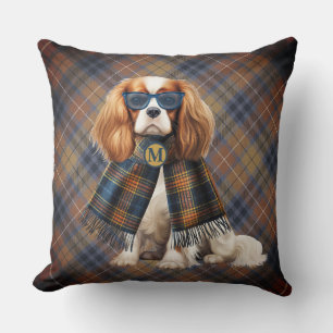 Cojín Decorativo Perro Cavalier King Charles y monograma a cuadros