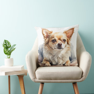 COJÍN DECORATIVO PERRO CHIHUAHUA DE PELAJE LARGO Y COLOR TAN Y BLAN