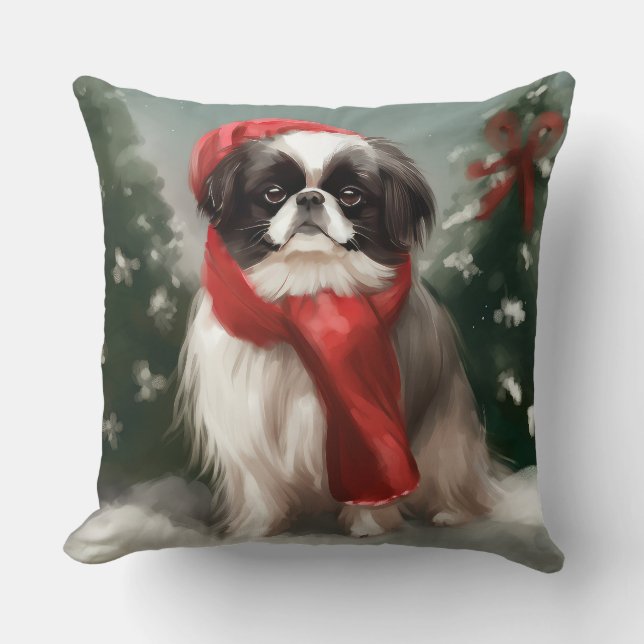 Cojín Decorativo Perro chino chino en Navidades de nieve (Anverso)