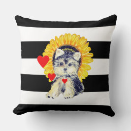 Cojín Decorativo Perro, corazones y girasol en rayas blancas y negr