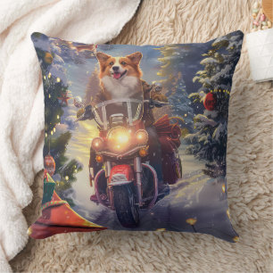 Cojín Decorativo Perro Corgi Montando Motocicleta Navidad