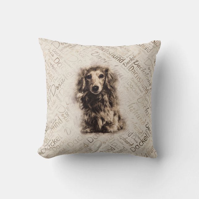 Cojín Decorativo Perro Dachshund de pelo largo (Anverso)