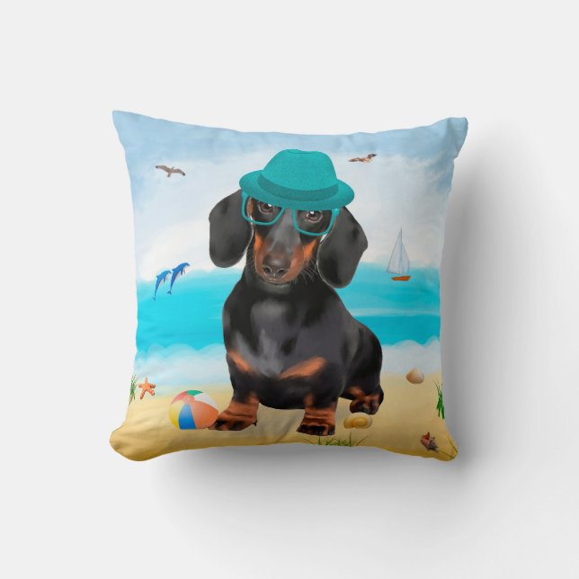 Cojín Decorativo Perro Dachshund en la Playa (Anverso)