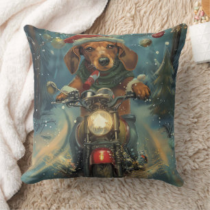 Cojín Decorativo Perro Dachshund Montando Motocicleta Navidad