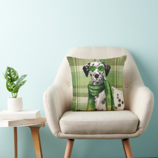 Cojín Decorativo Perro dálmata con gafas de sol y cuadros verdes 