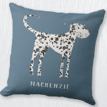 Cojín Decorativo Perro dálmata personalizado<br><div class="desc">Adorable diseño de perro dálmata con manchas personalizadas sobre un fondo verde verde azulado. Cambie o quite el nombre al personalizar. Arte original de Nic Squirrell.</div>