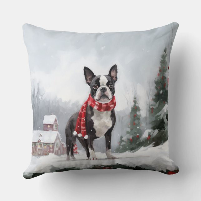 Cojín Decorativo Perro de Boston Terrier en Navidades de Nieve (Reverso )