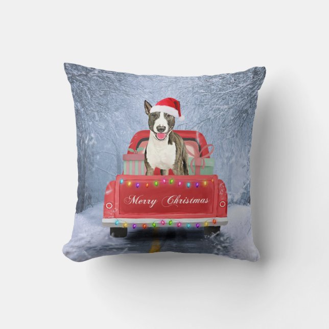 Cojín Decorativo Perro de Bull Terrier en Nieve sentado en Navidade (Anverso)
