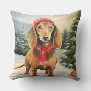 Cojín Decorativo Perro de Dachshund en Navidades de nieve
