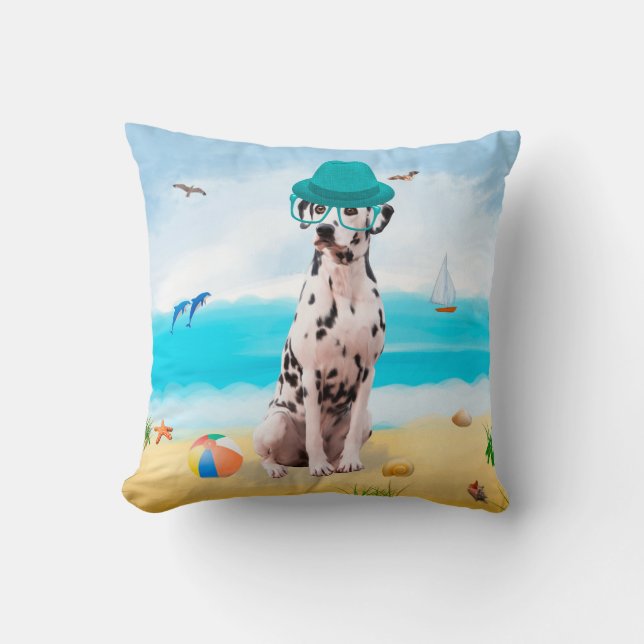 Cojín Decorativo Perro de dalmación en la playa (Anverso)