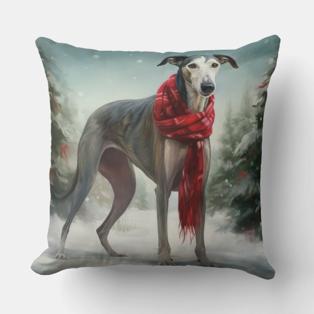 Cojín Decorativo Perro de Greyhound en Navidades de Nieve (Anverso)