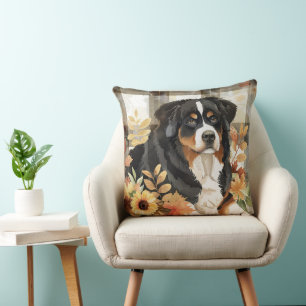 Cojín Decorativo Perro de montaña bernés Otoño Aquarela Flores