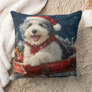 Cojín Decorativo Perro de pastor inglés en trineo Deja que nieve Na