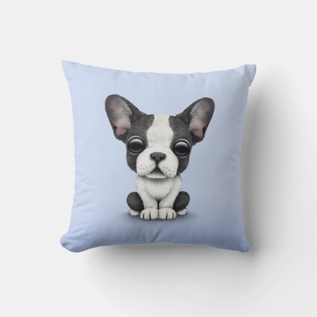 Cojín Decorativo Perro de perrito lindo del bulldog francés en azul (Anverso)