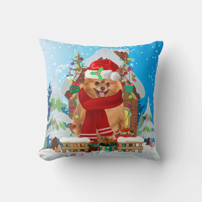 Cojín Decorativo Perro de Pomerania con regalos de Navidades (Anverso)