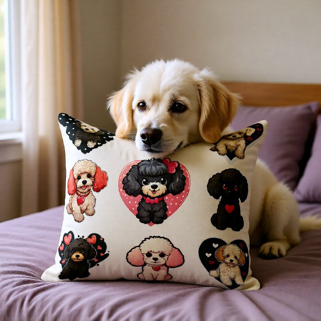 Cojín Decorativo Perro de San Valentín | amantes del perro | (Cute Valentine Poodle Dog Lovers Pink Black Heart Throw Pillow)