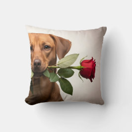 Cojín Decorativo perro de San Valentín sosteniendo retrato de rosa,
