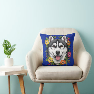 Cojín Decorativo Perro de Trineo Husky y Flores Coloridas de Mirabl
