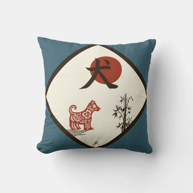 Cojín Decorativo Perro del kanji en azul (Anverso)