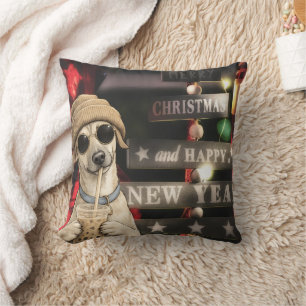 Cojín Decorativo Perro divertido de Navidad bebiendo té de burbujas