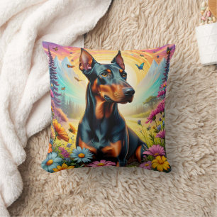 Cojín Decorativo Perro Doberman, flores y escena de montaña