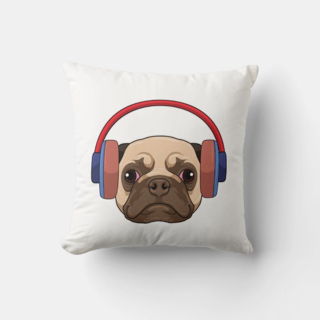 Cojín Decorativo Perro en la música con auriculares (Anverso)