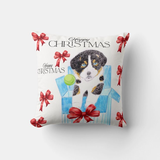 Cojín Decorativo Perro en Navidades de cajas azules (Anverso)