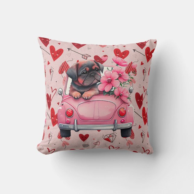 Cojín Decorativo Perro en un auto con corazones (Anverso)