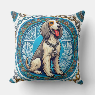 Cojín Decorativo Perro Feliz Enmarcado por Patrones Decorativos