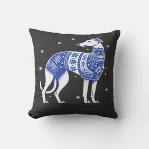 Cojín Decorativo Perro Galgo de Navidad con un Suéter Feo Azul Bl