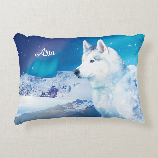 Cojín Decorativo Perro Husky personalizado con montañas (Anverso)