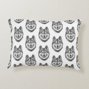 Cojín Decorativo Perro Husky Siberiano de tinta negra y blanca y ac
