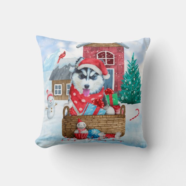 Cojín Decorativo Perro Husky Siberiano en casa de perros de Navidad (Anverso)